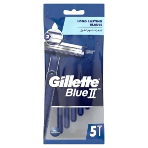 A five-pack of Gillette Blue II disposable razors for men, featuring chromium-coated twin comfort blades, pivoting head, and a soft Ultragrip handle for a comfortable shave.