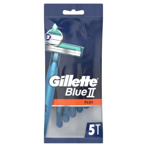 Five Gillette Blue II Plus disposable razors with twin comfort blades, a Lubrastrip, and a soft Ultragrip handle for a close and comfortable shave.