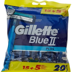 This image shows Gillette Blue II Plus disposable razors with twin comfort blades, aloe lubrication, and a soft ultragrip handle for a great shave.