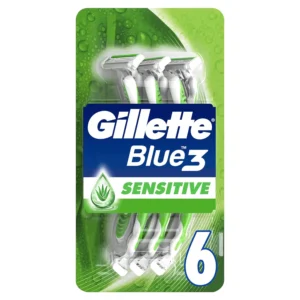 A pack of six Gillette Blue 3 Sensitive disposable razors for men with enhanced lubrastrip, three spring-mounted blades, pivoting head, non-slip rubber handle and soft protective microfins for a comfortable shave on sensitive skin.