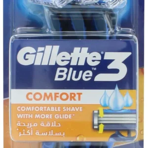 Six Gillette Blue3 disposable razors for men, featuring a 3-blade design, enhanced Lubrastrip for a smoother shave, pivoting head, and soft Ultragrip handle.