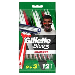 This image shows a pack of twelve Gillette Blue3 Comfort disposable razors with three blades, enhanced lubrication, and a pivoting head for a comfortable shave.