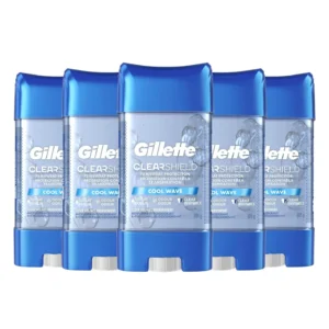 This image shows a five-pack of Gillette Clear Gel Cool Wave antiperspirant and deodorant for men, providing 72-hour sweat and odor protection with a clear application that leaves no white marks.