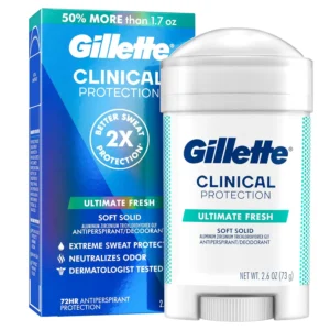 Gillette Clinical Ultimate Fresh soft solid provides 72-hour sweat and odor protection, fighting odor-causing bacteria with prescription strength technology, while being gentle on the skin.
