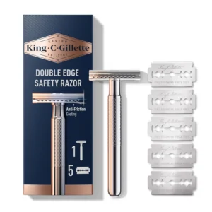 King C. Gillette double edge safety razor with a chrome handle and a set of five platinum coated stainless steel blades, designed for edging and beard line shaping.