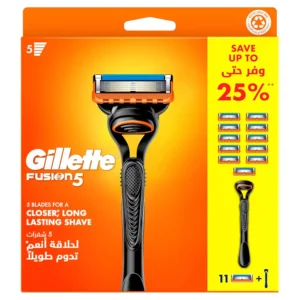 The Gillette Fusion razor with a handle and eleven blade refills provides up to one month of shaves per blade, featuring a back edging blade for shaping tough areas.