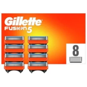 Eight Gillette Fusion razor blade refills with five anti-friction blades and a precision trimmer for accurate shaving in hard-to-reach areas.