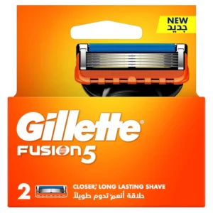 Two Gillette Fusion 5 razor blade refills providing a smooth, comfortable shave with reduced irritation and a precision trimmer for detailing.