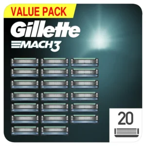 A pack of 20 Gillette Mach3 razor blade refills for men, featuring stronger-than-steel blades for a smooth shave and long-lasting sharpness.