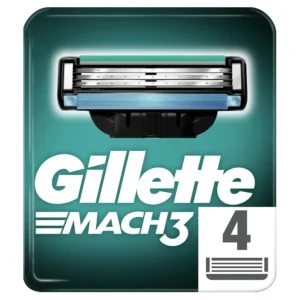 Four Gillette Mach3 razor blade refills for men, featuring stronger-than-steel blades and an enhanced Lubrastrip for up to 15 comfortable shaves each.