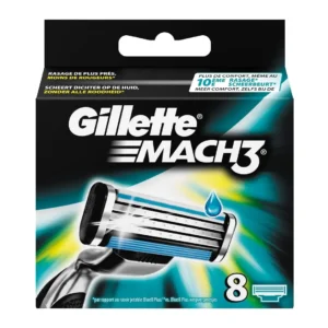 Eight Gillette Mach3 razor blade refills with DuraComfort blades, gel strip, skin guard, and a precision trimmer for edging tough areas.