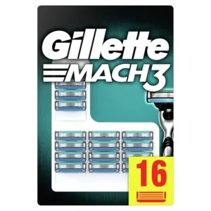 Sixteen Gillette Mach3 razor replacement blades made from precision ground steel providing up to 15 shaves per blade for a classic, smooth shave.