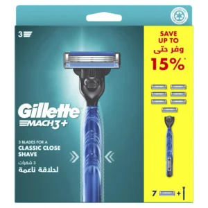 Gillette Mach3+ men's razor with a gel grip handle and three sharp blades for a close, comfortable shave, plus seven blade refills.
