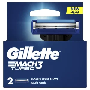 Two Gillette Mach3 Turbo blade refills with three sharp blades, enhanced lubrication, and microfins for a close and comfortable shave.