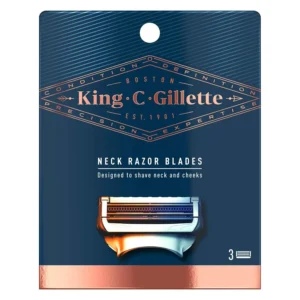 Three King C. Gillette neck razor blade refills with skin guards and platinum-coated stainless steel blades designed for sensitive skin and edging.