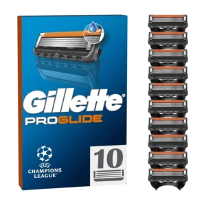 A pack of ten Gillette ProGlide razor blade refills for men, featuring 5 anti-friction blades, enhanced lubrication, and a precision trimmer.
