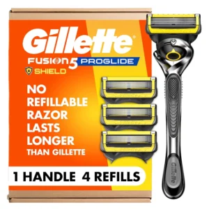 Gillette ProGlide Shield razor with Flex Ball handle and four blade refills provides lubrication and a precision trimmer for a comfortable and precise shave.
