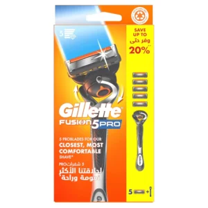 This image shows the Gillette Proglide5 razor with five blades, featuring Flexball technology for a close, comfortable shave and a back styling blade for edging.