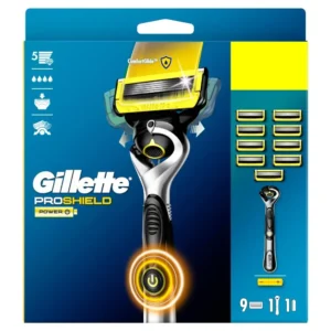 Gillette ProShield Power razor with 9 refill cartridges and a precision trimmer for a smoother, closer shave with lubrication and FlexBall technology.