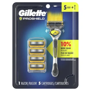 A Gillette ProShield razor with one handle and five blade refills, featuring lubrication before and after the blades for a comfortable, irritation-free shave and microfins to smooth the skin.