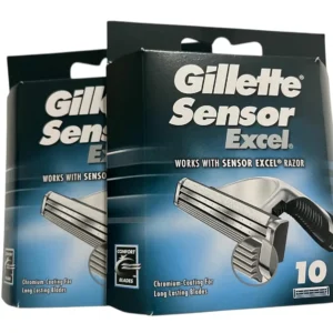 Close-up of Gillette Sensor Excel razor blade cartridges, a pack of 20 replacement blades.