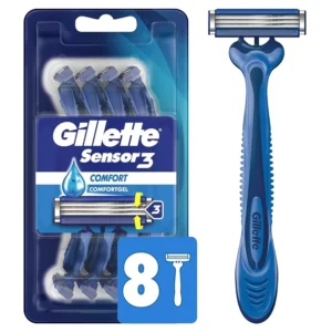 This image shows a pack of eight Gillette Sensor3 Comfort disposable razors for men, featuring a Lubrastrip for a smooth glide and a non-slip rubber handle for better control.