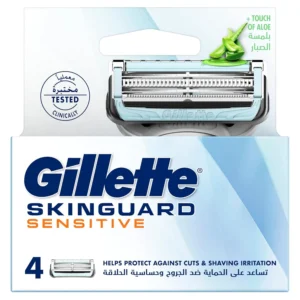 Gillette Skinguard sensitive razor blade refills with SkinGuard technology, clinically tested for sensitive skin, featuring dual lubrastrip with aloe, and back styling blade for edging.