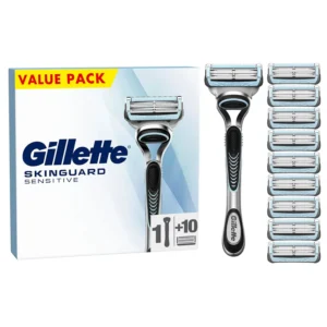 The Gillette SkinGuard Sensitive men's razor is designed for skin irritation and features a lubricating strip and ten blade refills.