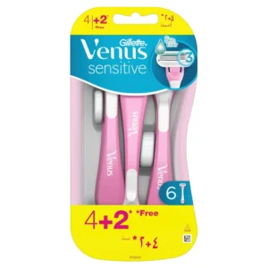 A pack of Gillette Venus Sensitive disposable razors with skin elixir lubrastrip and three curve-hugging blades for a smooth, comfortable shave, ideal for sensitive skin.