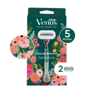The Gillette Venus Rifle Paper Co. razor comes with two refills, a durable handle with a soft-touch grip, and SkinElixir lubrastrip for sensitive skin.