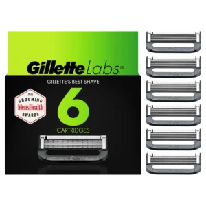 Six GilletteLabs razor blade refill cartridges designed for use with GilletteLabs razors, including those with an exfoliating bar and heated razors, offering a close and comfortable shave with five blades and a precision trimmer.
