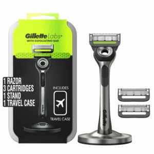GilletteLabs razor with built-in exfoliating bar for a comfortable and close shave, includes a travel case, magnetic stand and three blade refills.