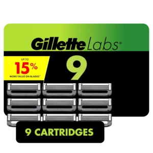 Nine GilletteLabs razor blade refills with an exfoliating bar for a comfortable and close shave, compatible with GilletteLabs handles.