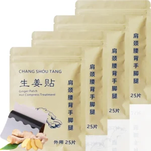 One hundred ginger heating patches for pain relief are displayed, formulated with pure plant extracts to remove blood stasis and provide therapeutic hot compress treatment for shoulder, neck, back, knees, feet and joint injury.