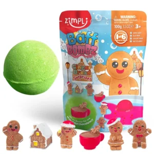 Zimpli Kids gingerbread surprise bath bomb with a collectible gingerbread toy inside, a perfect Christmas gift for boys and girls.