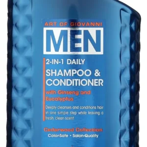 Giovanni men's 2-in-1 shampoo and conditioner cleanses, moisturizes, and strengthens hair with ginseng and eucalyptus.