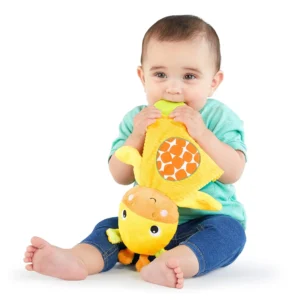 This Bright Starts giraffe teether toy has crinkly fabric and textured feet to soothe baby's aching gums during teething.