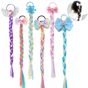 Six colorful braided hair extensions with cute bows attached, perfect for girls to add fun and style to their hairstyles for parties, birthdays, or daily wear.