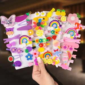 This set of 42 cute hair clips for girls includes various colorful designs such as butterflies, flowers, rainbows, fruits, and animals, perfect for styling baby and toddler hair.