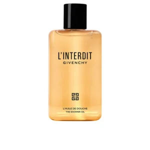 A bottle of Givenchy L'Interdit Shower Oil, a nourishing bath oil with the iconic Givenchy fragrance.