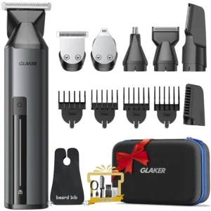 The GLAKER 6-in-1 beard trimmer kit includes multiple attachments for grooming facial, body, nose, and ear hair, plus a storage bag and beard bib apron.