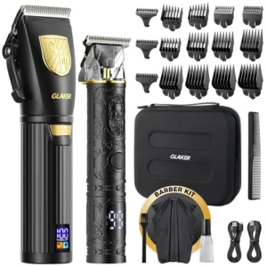 The Glaker hair clipper kit features a powerful cordless clipper and detail trimmer with multiple guide combs for achieving professional haircuts and fades at home or in the barbershop.