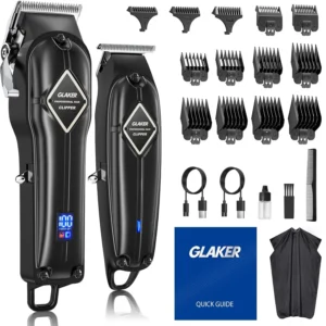 This professional GLAKER hair clipper kit for men includes cordless clippers, trimmers, and multiple attachments for easy hair trimming, beard grooming, blending, and fade haircuts.