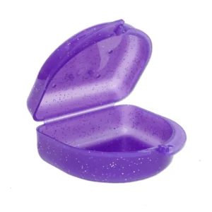 A bright glitter mouthguard case provides durable storage and improved sanitation for dental appliances like retainers, mouthguards, and dentures.