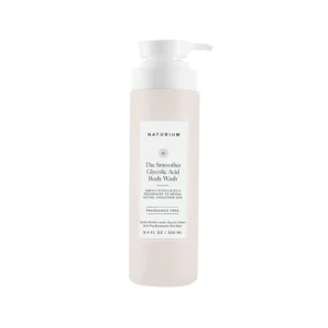 Naturium Glycolic Acid Exfoliating Body Wash gently cleanses and resurfaces rough skin, leaving it feeling softer and smoother.