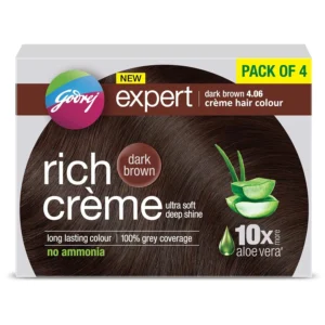 Four packs of Godrej Expert Rich Crème Dark Brown hair color providing 100% grey coverage with aloe vera and milk protein for soft, shiny hair.