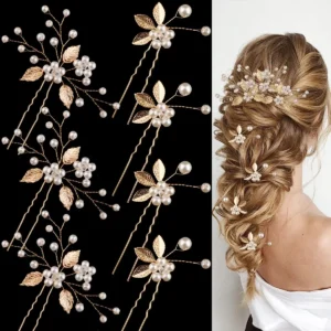 This image shows seven gold leaf wedding hair pins with pearls and crystals, elegant hair accessories for brides and bridesmaids to style their hair.