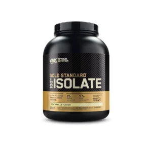 A 5lb tub of Optimum Nutrition Gold Standard 100% Isolate Rich Vanilla whey protein powder, featuring 25 grams of hydrolyzed and ultra-filtered protein per serving with naturally occurring BCAAs and glutamine.
