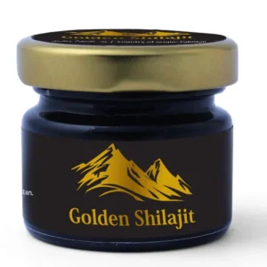Golden Shilajit resin in a jar, a natural source of energy and fulvic acid from high altitudes, perfect for daily use with milk or water.