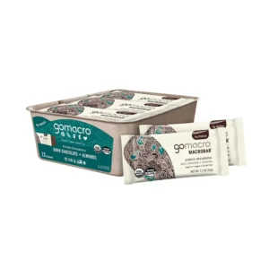 Twelve organic, vegan GoMacro protein bars with dark chocolate and almonds provide a healthy, plant-based energy boost.